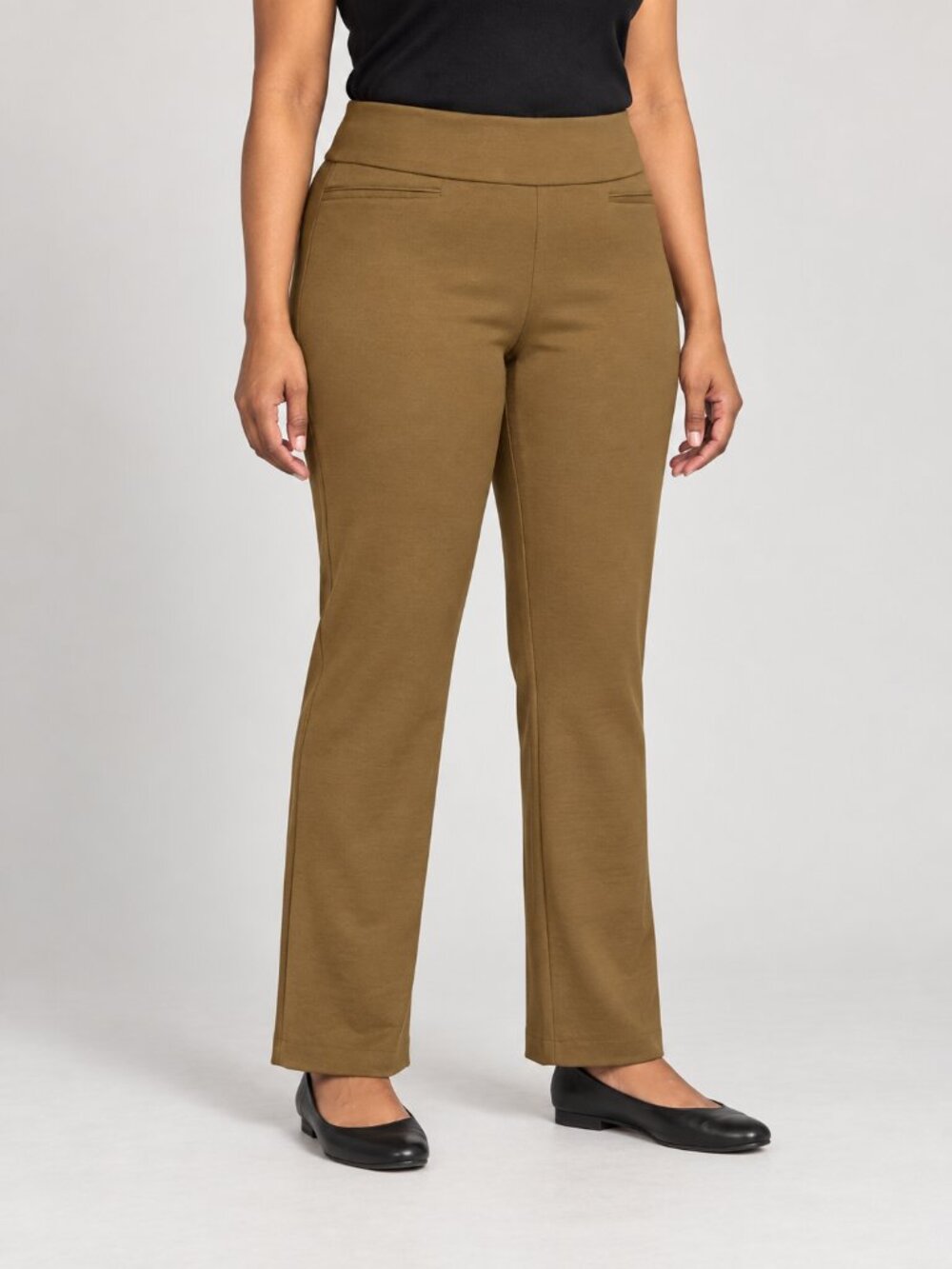 ATTY’RE Petite Tan Pull-On Straight Leg Pants 12P Minimalist Stretch Trousers